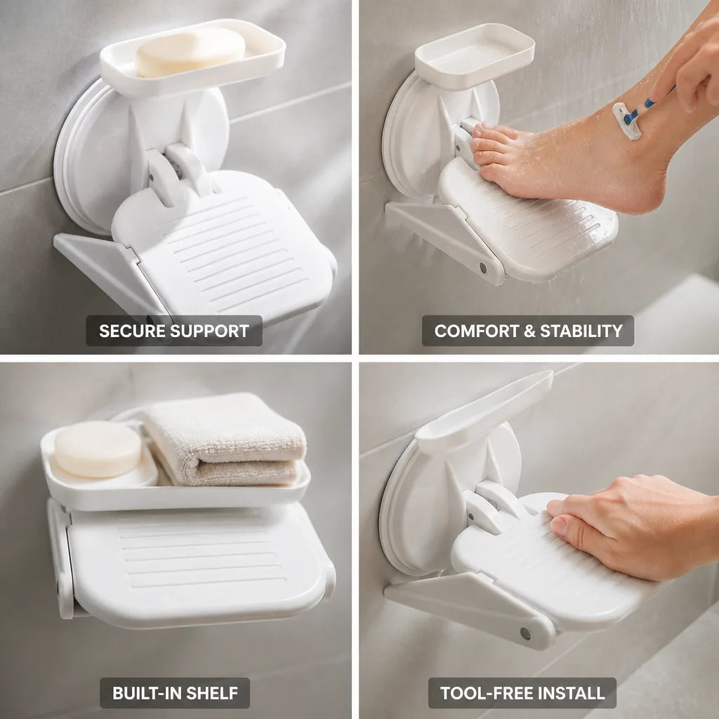 Wall-Mounted Shower Footrest Suction Cup Anti-Slip Shelf