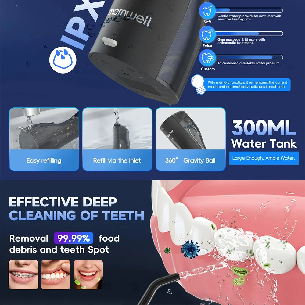 Water Flosser Cordless & Rechargeable 200ml Tank 4 Nozzles