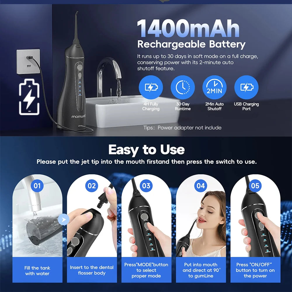 Water Flosser Cordless & Rechargeable 200ml Tank 4 Nozzles