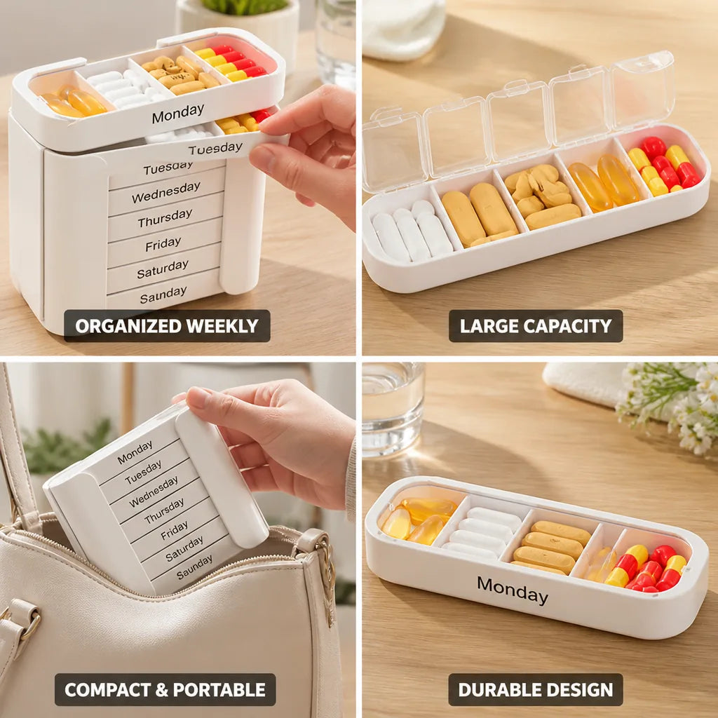 Weekly Pill Organizer Color-Coded 7 Compartments