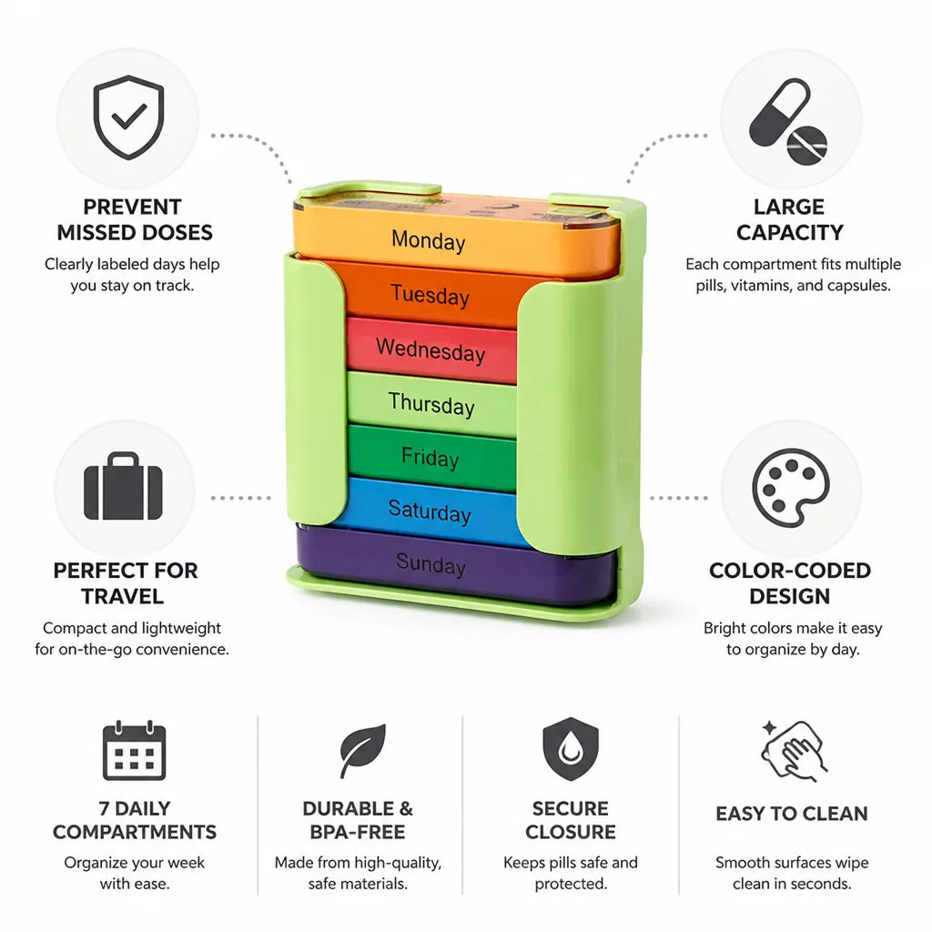 Weekly Pill Organizer Color-Coded 7 Compartments