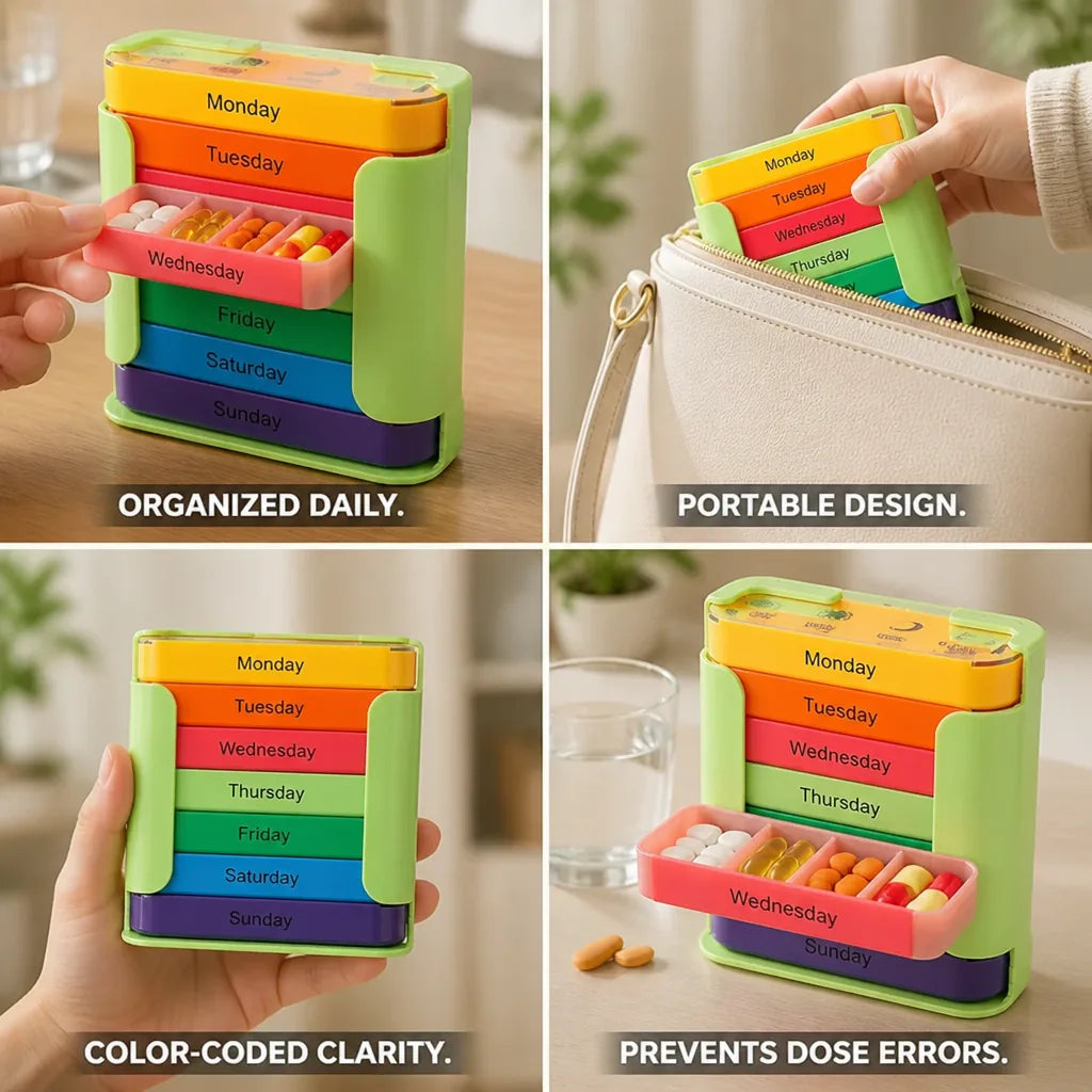 Weekly Pill Organizer Color-Coded & Portable