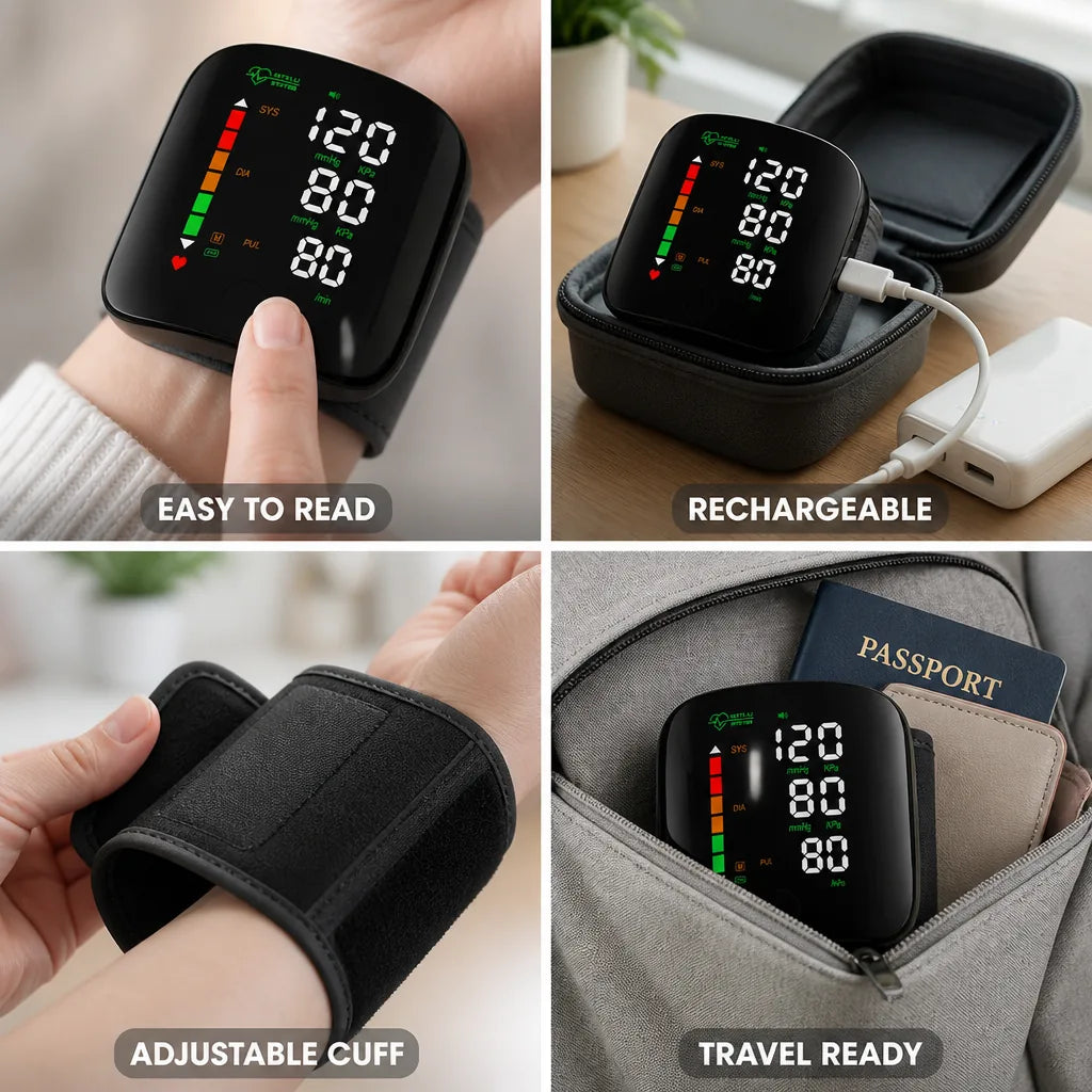 Wrist Blood Pressure Monitor Large LED Touch Display & Rechargeable