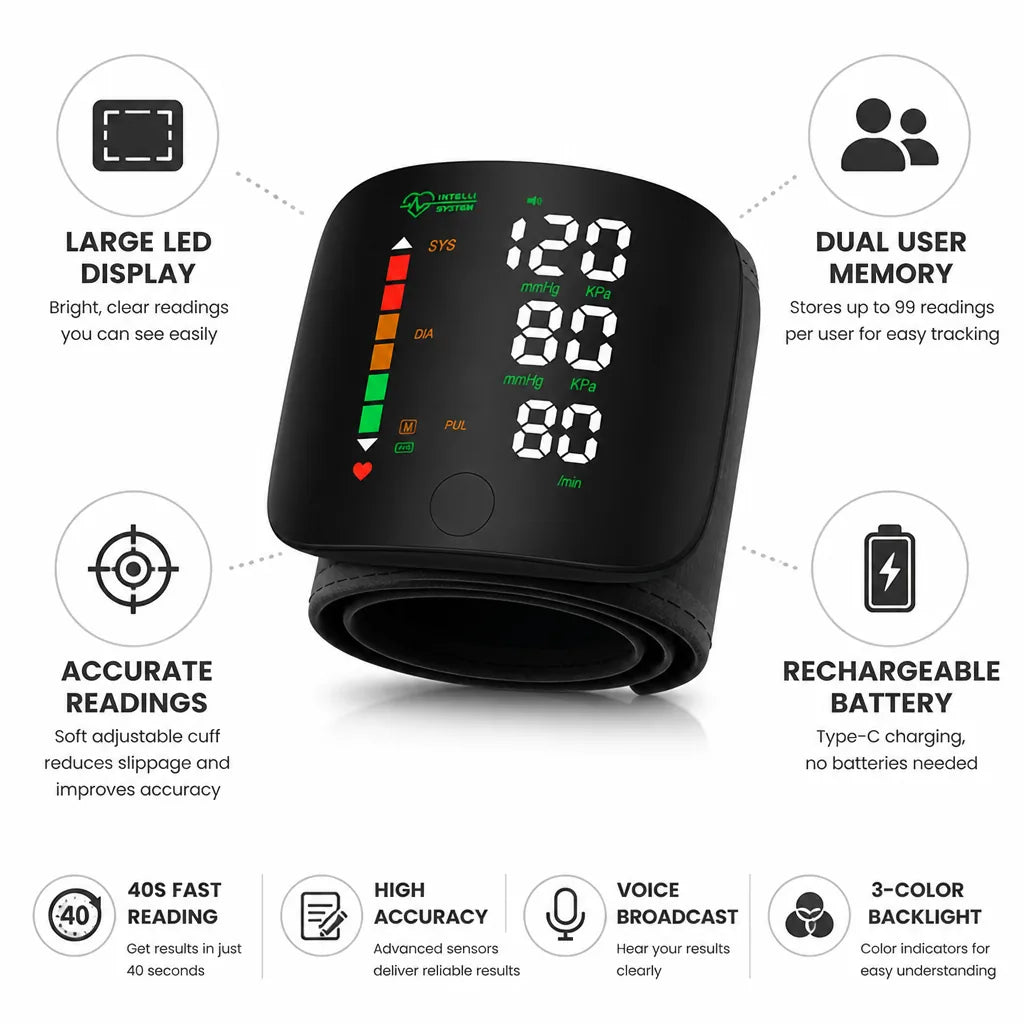 Wrist Blood Pressure Monitor Large LED Touch Display & Rechargeable