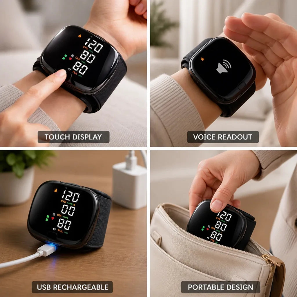 Wrist Blood Pressure Monitor Touchscreen Voice Readout Rechargeable