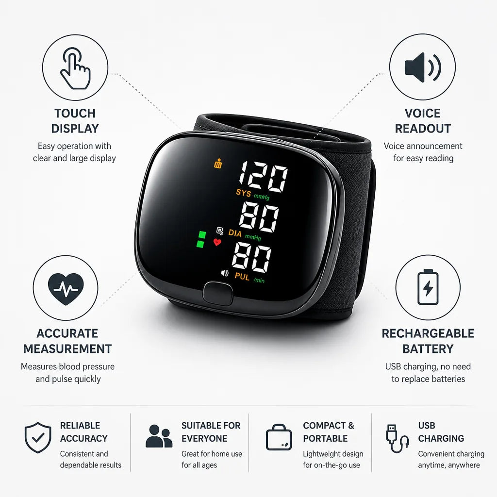 Wrist Blood Pressure Monitor Touchscreen Voice Readout Rechargeable