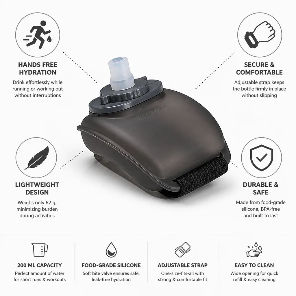 Wrist Hydration Bottle Food-Grade Silicone Bite Valve & Secure Strap