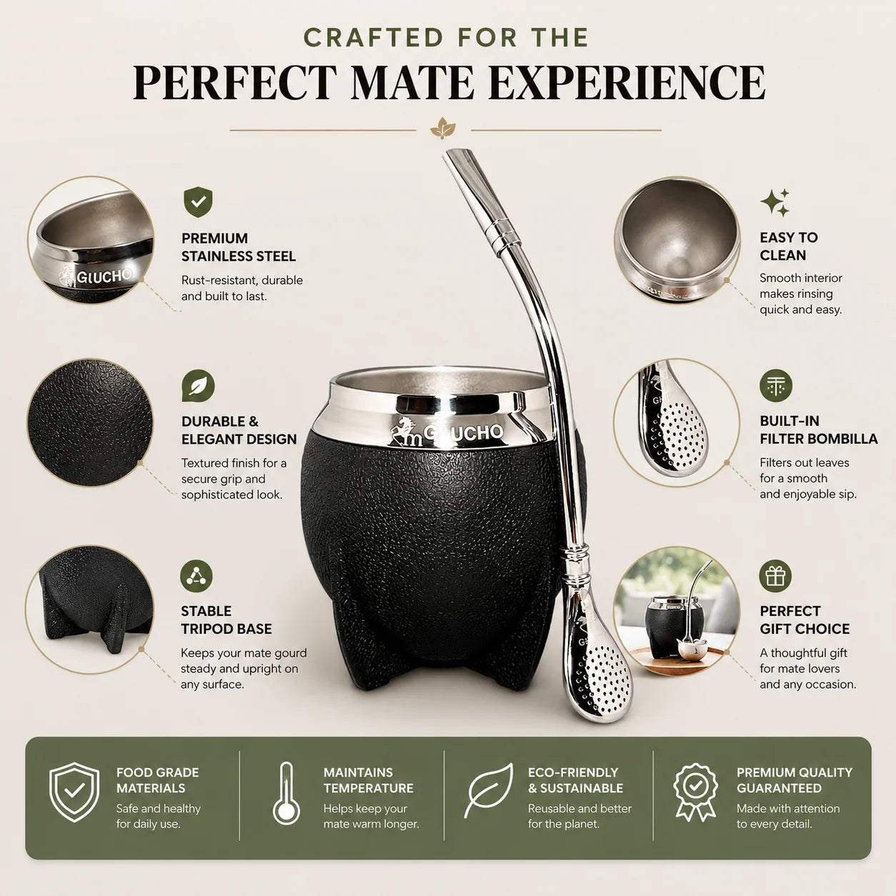 Yerba Mate Gourd Insulated Stainless Steel Removable Bombilla
