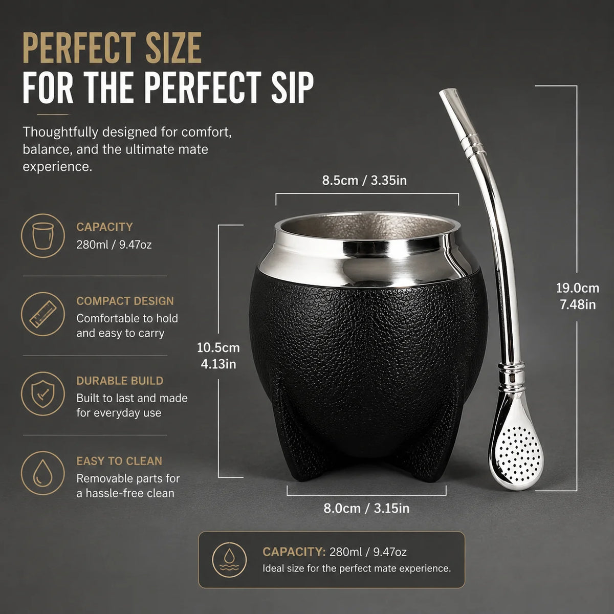 Yerba Mate Gourd Insulated Stainless Steel Removable Bombilla