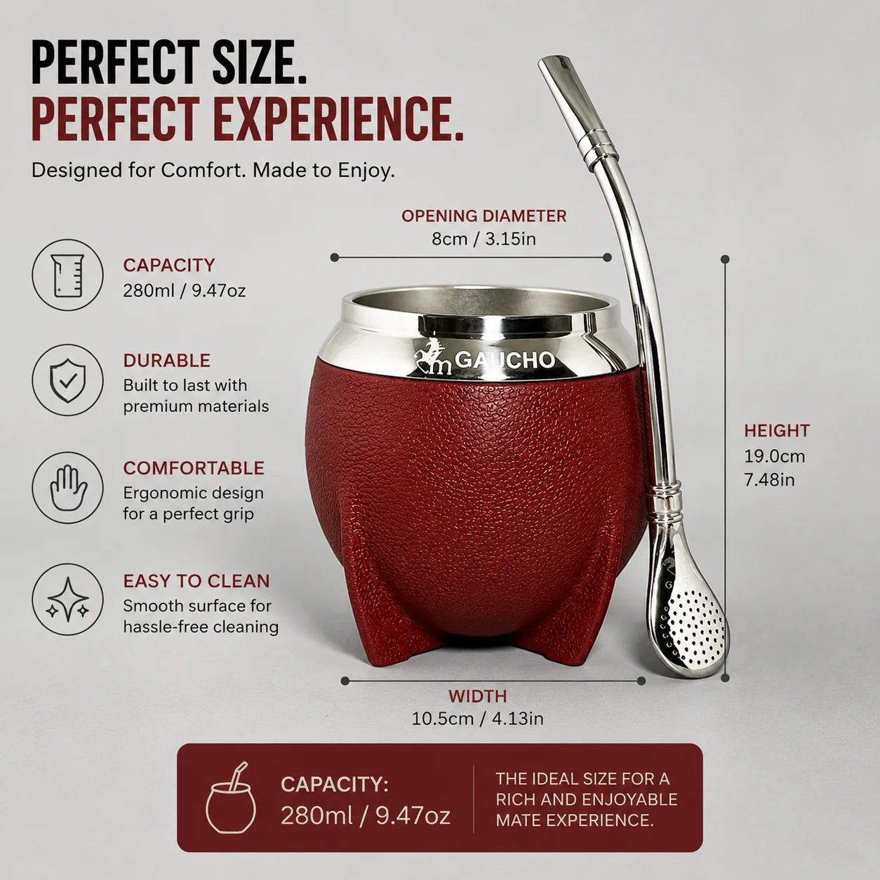 Yerba Mate Gourd Insulated Stainless Steel Removable Bombilla